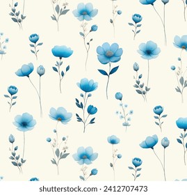 Blue flower background, summer, spring, elegant, vintage, botanical, beautiful, elegant, pattern, wildflower, romantic, aesthetical, print, fashion, texture, vector illustration.