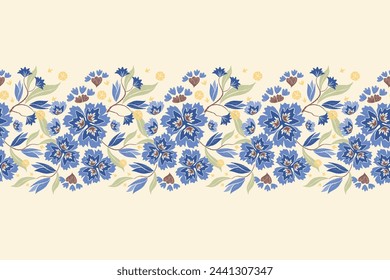 Blue flower border pattern paisley seamless embroidery on white background. Silhouette flower motif traditional. Bohemian style abstract vector illustration vintage design.