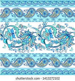 Blue Flower borders with fantastic flowers and paisley.  Floral wallpaper. Decorative ornament for fabric, textile, wrapping paper. Indigo traditional paisley pattern. 