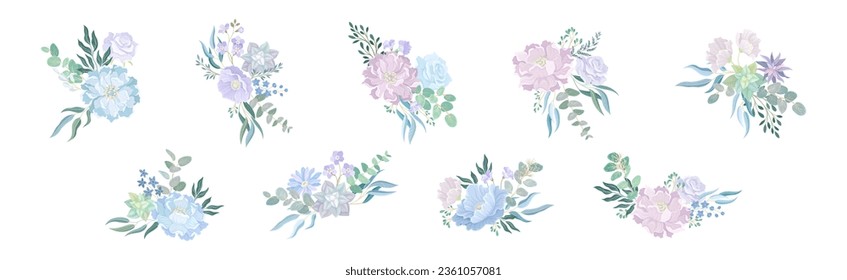 Blue Flower Bouquet and Floral Blooming Composition Vector Set