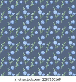 Blue flower of chicory, cornflower on a dark blue background. Seamless vector floral pattern. Cute illustration for wrap, surface, packaging, postcard, wallpaper.