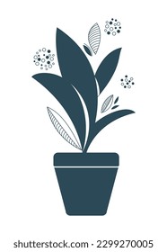 Blue flower in a clay pot. Monochrome vector illustration. Element for your spring design.