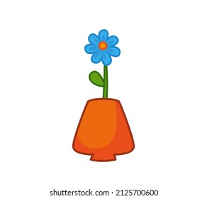 Flor azul en una olla de arcilla. Ilustración vectorial al estilo infantil de dibujos animados con contorno. Clásico gracioso aislado sobre fondo blanco. Impresión de verano corta