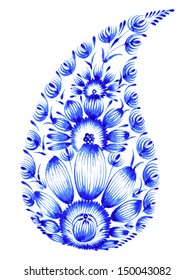 blue, flower composition, hand drawn, illustration in Ukrainian folk style