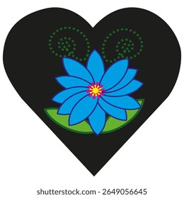 Blue flower design. Pink and yellow center. Black heart base. Green spiral highlights.
