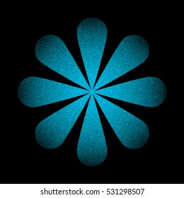blue flower dots, beads. abstract star. black background. vector illustration