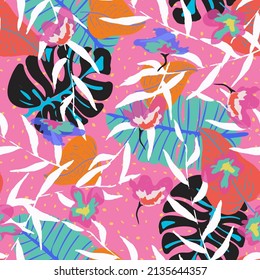 Blue Flower Ethnic Vector Seamless Pattern. Colours Painting Monstera Design. White Palm Jungle Background. Colorful Tropic Plant Template.