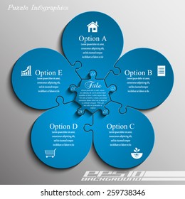 Blue Flower Five Piece Flat Puzzle Round Infographic Presentation. 5 Step Circle Business Diagram. Five Section Compare Service Banner. Vector Illustration Template Shape . 3d Abstract Background