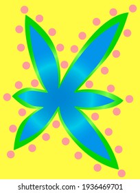 Blue flower with green border and peach circles along the petals on a yellow background