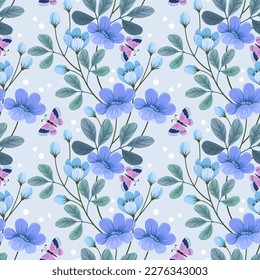 Blue flower with green leaf and butterfly seamless pattern for fabric textile wallpaper.