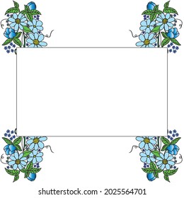blue flower with green leaf illustration with blank space template for text. square shape. hand drawn vector. beautiful flower bouquet in the corner. doodle art for greeting card, poster, label. 