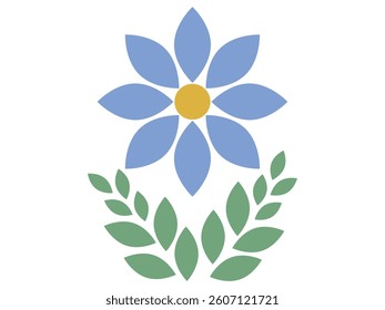 Blue flower with green leaves. Vector illustration. Logo, print, element.