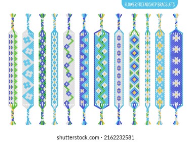 Flor azul pulseras de amistad hechas a mano conjunto de hilos o cuentas. Tutorial de patrón normal de marcado. Dibujo vectorial aislado.