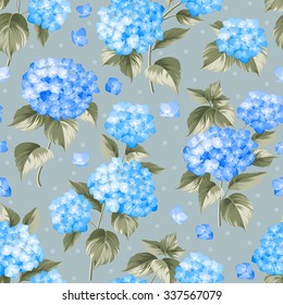 Blue flower hydrangea. Seamless background. Mop head hydrangea flower pattern. Beautiful blue flowers. Vector illustration.