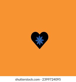 La flor azul en el interior del corazón negro y las formas amarillas en su interior