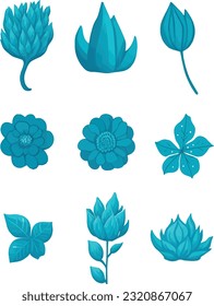 Blue Flower And leaf Set, Vector Watercolor Flower Design Set