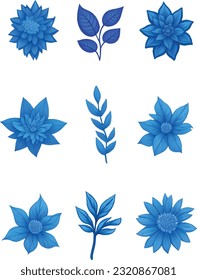 Blue Flower And leaf Set, Vector Watercolor Flower Design Set