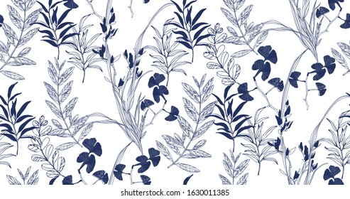 Blue flower and leaves on white background. Seamless pattern. Vector illustration