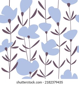 Blue flower with leaves seamless pattern. Abstract floral vector illustration. Summer holiday backdrop. Wallpaper, background, fabric, textile, print, wrapping paper or package design.