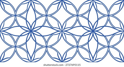 Flor azul de la vida patrón geométrico con círculos entrelazados y simetría de geometría sagrada. Elegante fondo de arte lineal sin fisuras inspirado en la armonía, el equilibrio y el diseño matemático. Ideal para el arte espiritual, la marca de yoga, textiles, Fondos de pantalla y modernos 