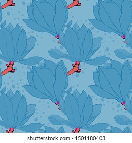 Blue Flower Magnolia Vector Seamless Pattern. Floral Background Watercolor Magnolia Illustration.