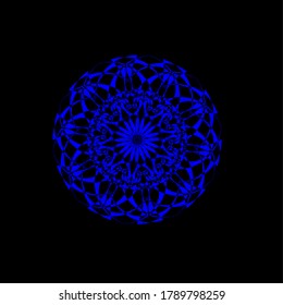 blue flower mandala with twelve petals and six layers of circles and a black background
