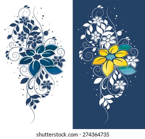 Blue flower motif set, Flower design elements vector set with big flower.