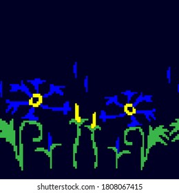 blue flower on a dark background.pixel art.vector illustration.seamless horizontal pattern.