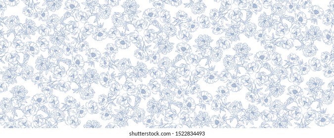 Blue Flower on white background. Seamless pattern in provence style. Vector illustration