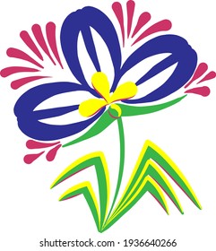 blue flower on a white background, vector, pink, green, blue, yellow, Petrykivka painting, Ukraine
