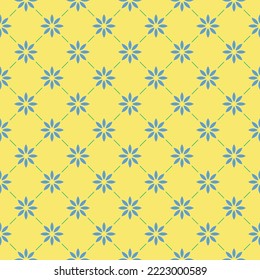Blue flower pattern on yellow background. Eight blue petals flowers pattern. Beautiful flower pattern wrapping.
