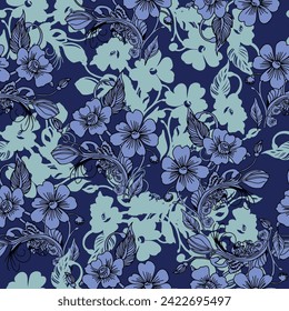 Blue flower pattern. Tapestry flowers. Retro print. Perfect for printing vaporous fabrics. Ready to repeat and color. vector and all over print