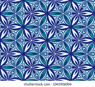 blue flower pattern vector illustration. arabesque, graphic floral seamless pattern.  turkish ornament. flower of life mandala, oriental vintage background