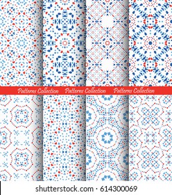 Blue Flower Patterns. Seamless Boho Backgrounds. Square and round design elements. Vector illustration for wallpaper print, linen fabric. Ethnic textile graphic. Floral capsule collection.