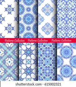 Blue Flower Patterns. Seamless Boho Backgrounds. Square and round design elements. Vector illustration for wallpaper print, linen fabric. Ethnic textile graphic. Floral capsule collection.