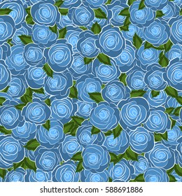 Blue flower petals, close up roses and green leaves, beautiful abstract seamless pattern.