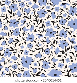 Blue flower petals with leaves seamless repeat pattern on white background. Random placed, vector botanical aop, all over surface print.