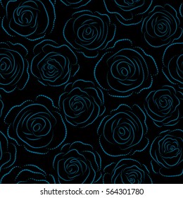 Blue flower petals silhouette, close up roses, beautiful monochrome abstract seamless pattern.