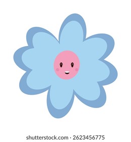Blue flower with pink smiling face in the center.