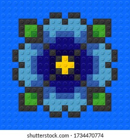 Flor azul de ladrillos de construcción de plástico bloquea el juguete. Fondo azul. ilustración vectorial.