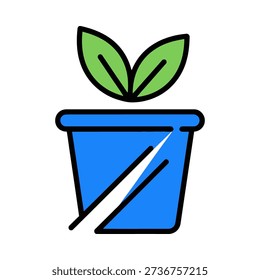 A blue flower pot with a green leafy plant growing out of it