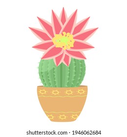 blue flower pot with green leaves and small red flowers. Vector illustration in a flat style.