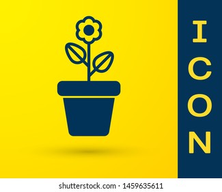 Blue Flower in pot icon isolated on yellow background. Plant growing in a pot. Potted plant sign.  Vector Illustration