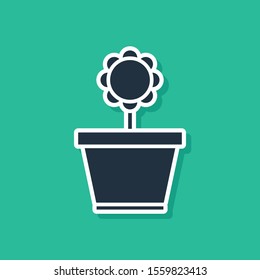 Blue Flower in pot icon isolated on green background. Plant growing in a pot. Potted plant sign.  Vector Illustration