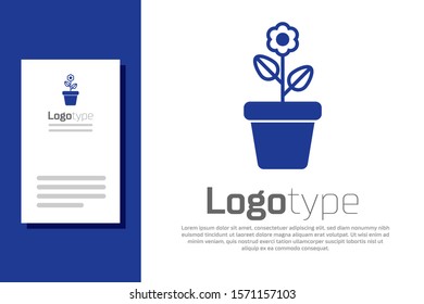 Blue Flower in pot icon isolated on white background. Plant growing in a pot. Potted plant sign. Logo design template element. Vector Illustration