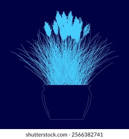 Blue flower pot with a plant in it. The plant is tall and has green leaves. The blue color scheme gives the image a calm and peaceful mood