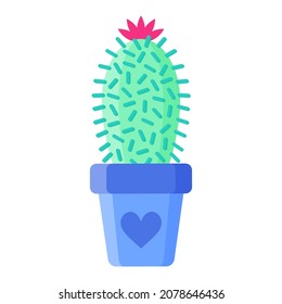 Blue flower pot with prickly cactus or succulent with flower for the wedding or Valentine's Day.