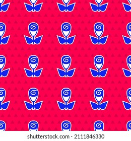 Blue Flower rose icon isolated seamless pattern on red background.  Vector