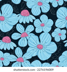 Blue flower seamless pattern with leaves ornament on dark blue color background