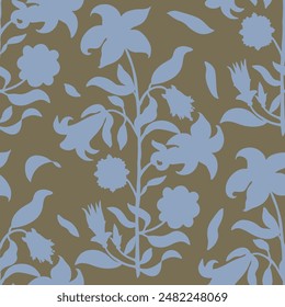 Blue Flower silhouette seamless pattern on a sandstoune, grey brown background. Suitable for wallpaper, fabric, or other decorative applications